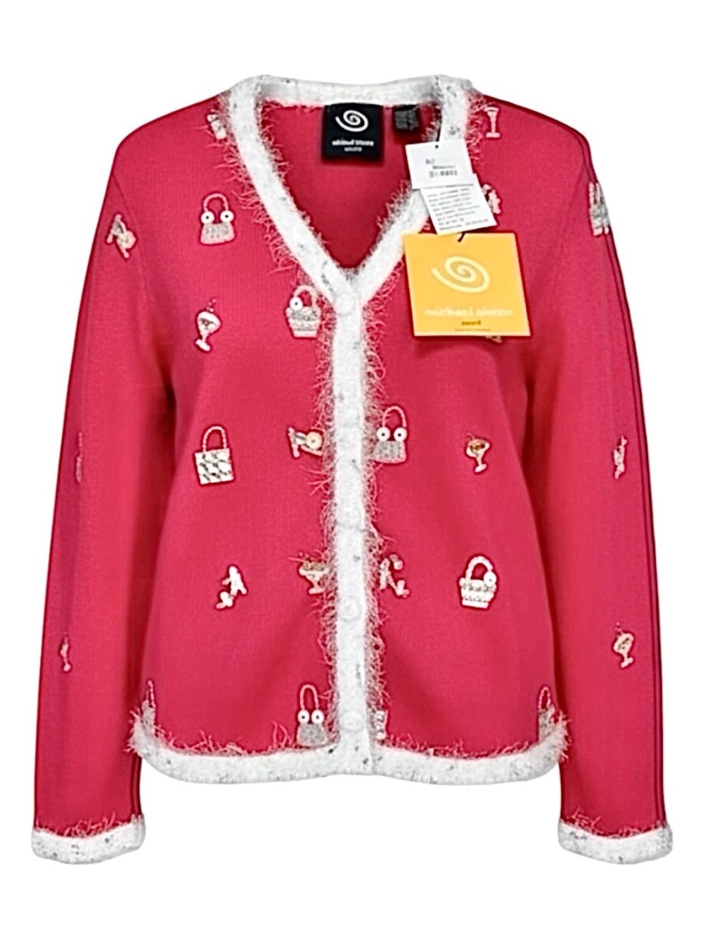 Michael Simon Pink Beaded Cardigan Size L Y2K Novelty Purse Heels Martini Glass